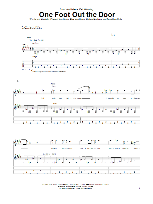 Download Van Halen One Foot Out The Door Sheet Music and learn how to play Guitar Tab PDF digital score in minutes