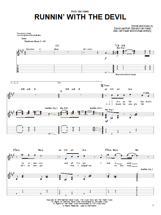 Download Van Halen Runnin' With The Devil Sheet Music and learn how to play Easy Bass Tab PDF digital score in minutes