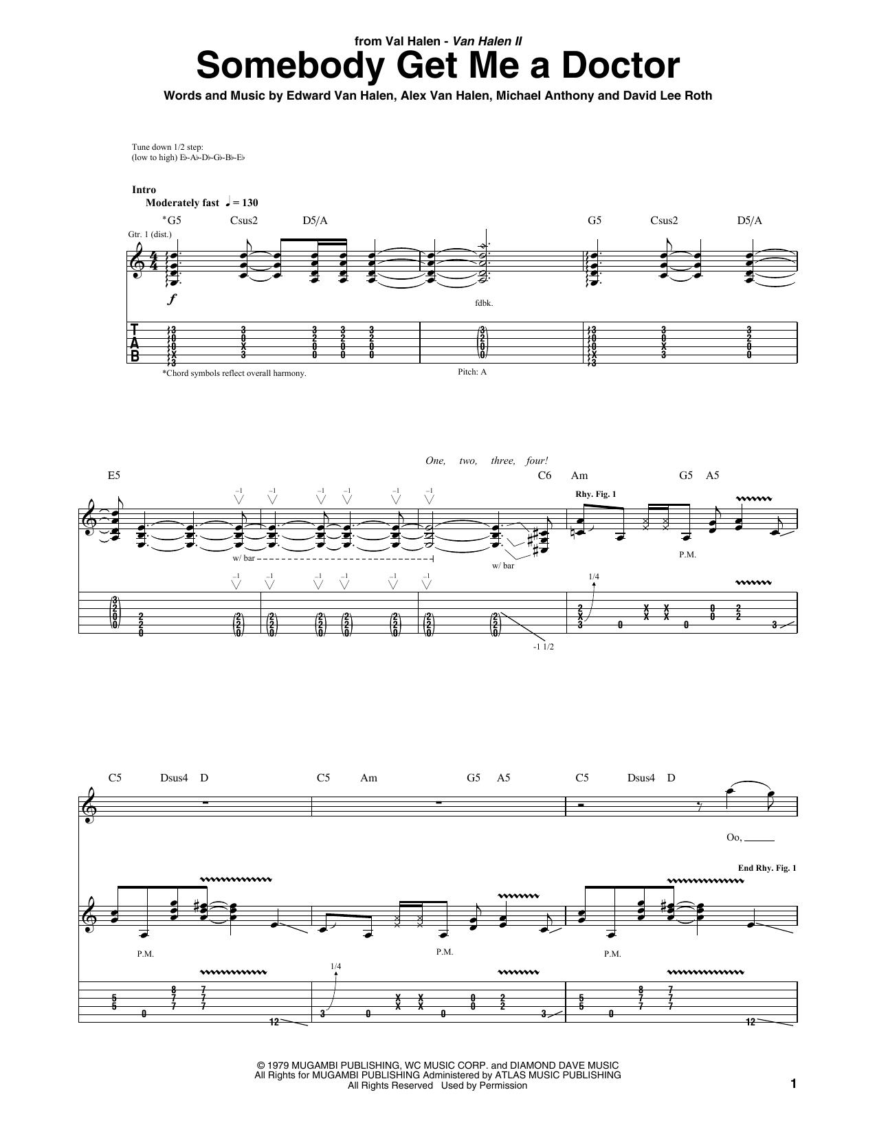 Download Van Halen Somebody Get Me A Doctor Sheet Music and learn how to play Easy Guitar Tab PDF digital score in minutes