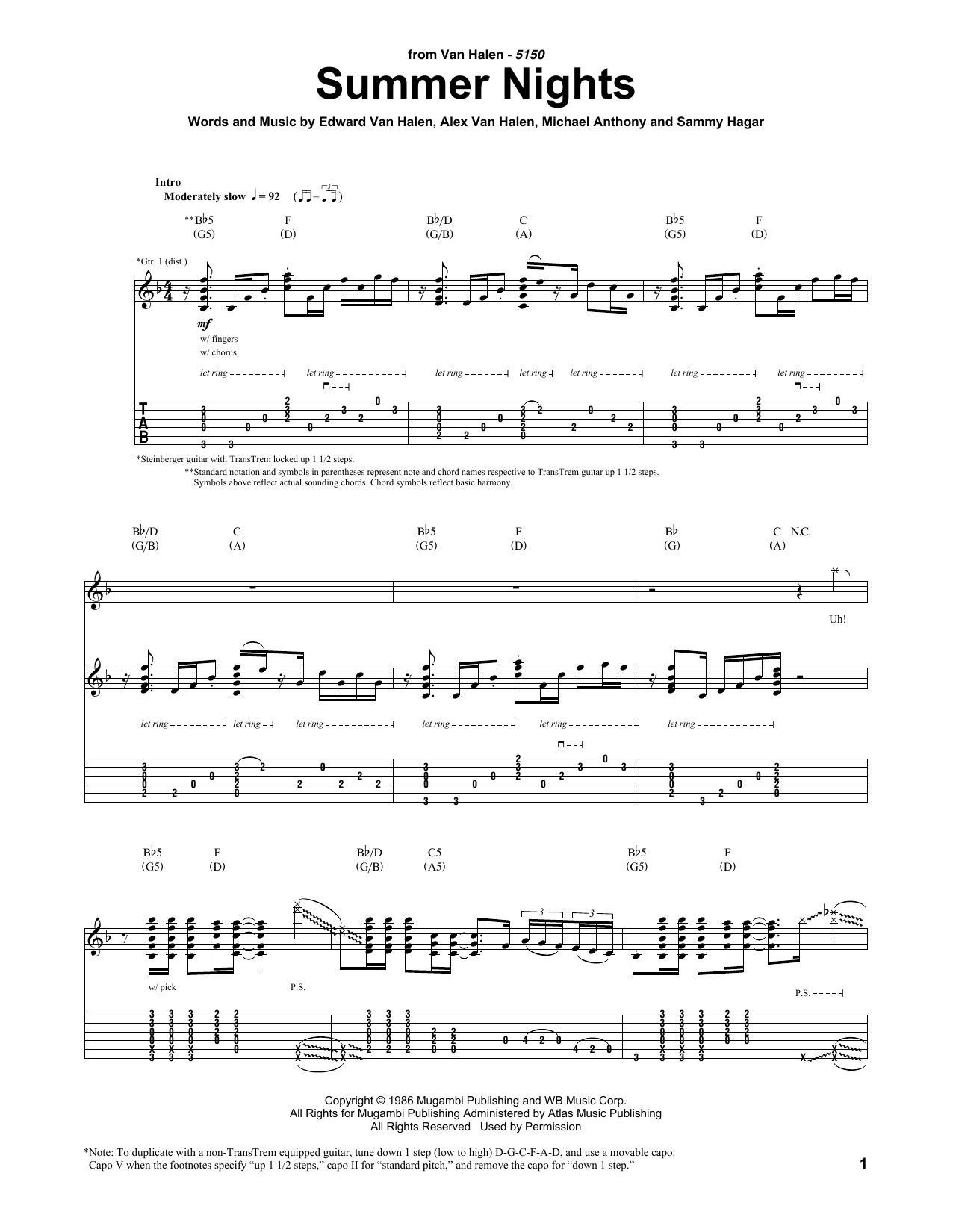Download Van Halen Summer Nights Sheet Music and learn how to play Guitar Tab PDF digital score in minutes