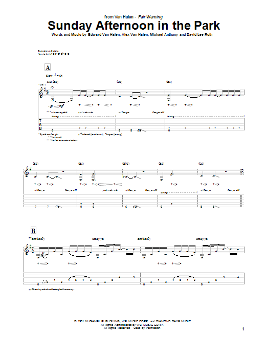 Download Van Halen Sunday Afternoon In The Park Sheet Music and learn how to play Guitar Tab PDF digital score in minutes