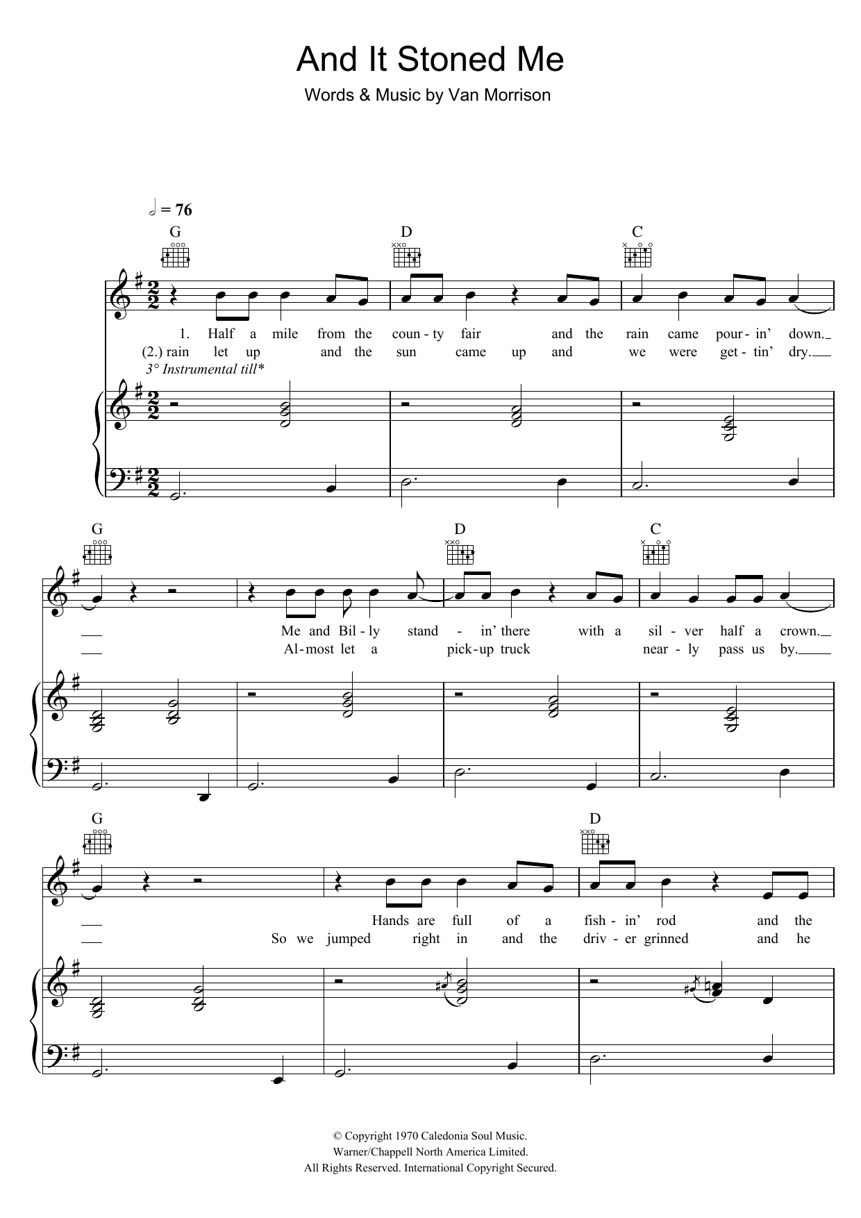 Download Van Morrison And It Stoned Me Sheet Music and learn how to play Piano, Vocal & Guitar PDF digital score in minutes