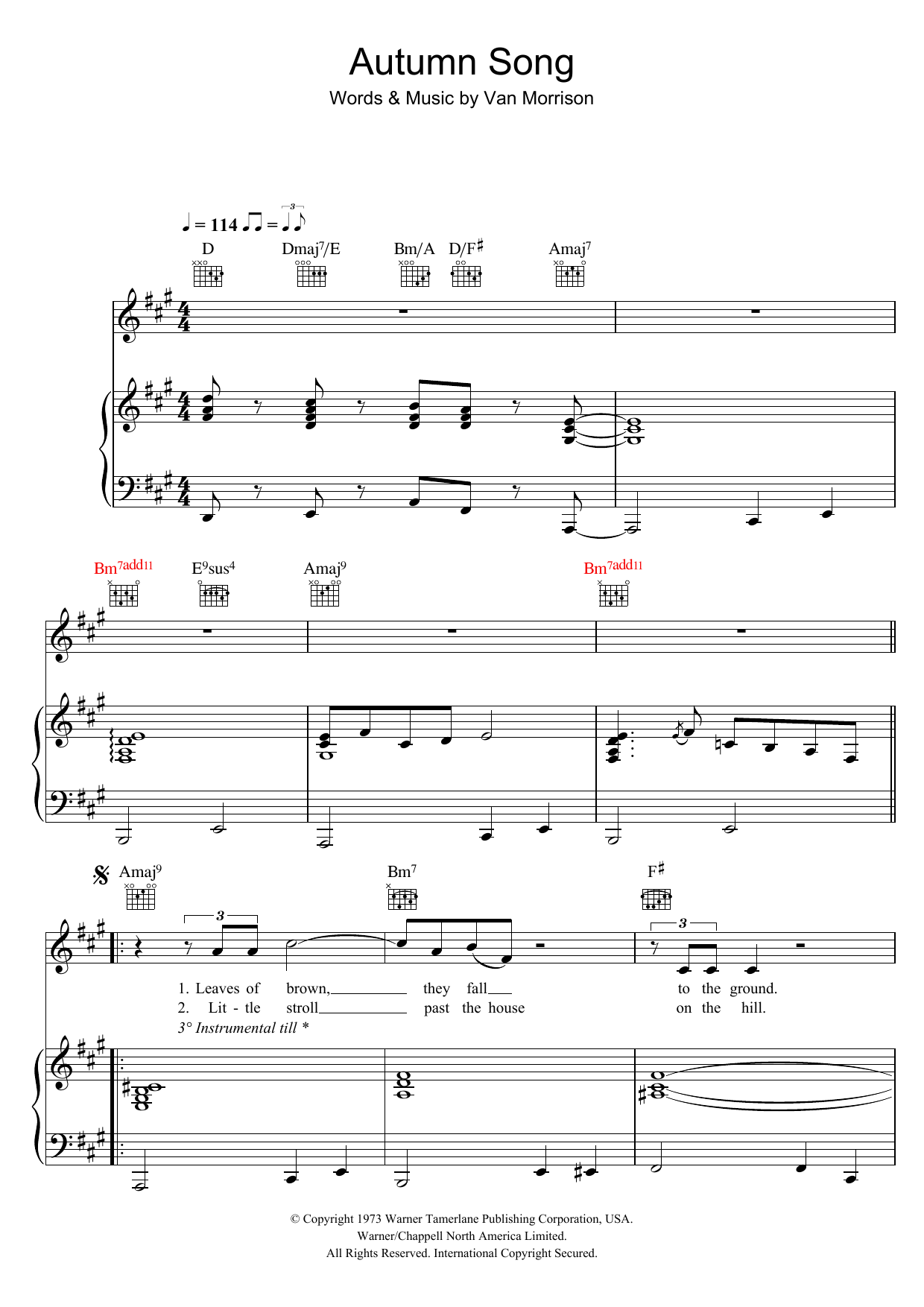 Download Van Morrison Autumn Song Sheet Music and learn how to play Piano, Vocal & Guitar PDF digital score in minutes
