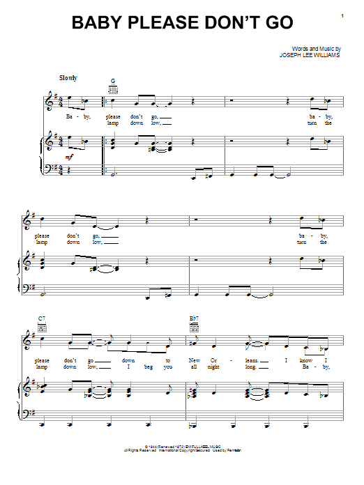 Download Van Morrison Baby Please Don't Go Sheet Music and learn how to play Piano, Vocal & Guitar (Right-Hand Melody) PDF digital score in minutes