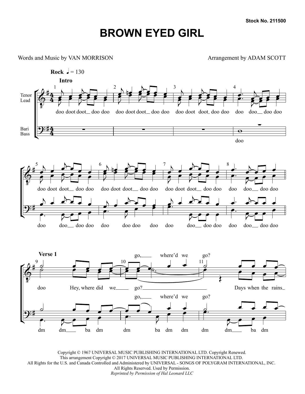 Download Van Morrison Brown Eyed Girl (arr. Adam Scott) Sheet Music and learn how to play TTBB Choir PDF digital score in minutes