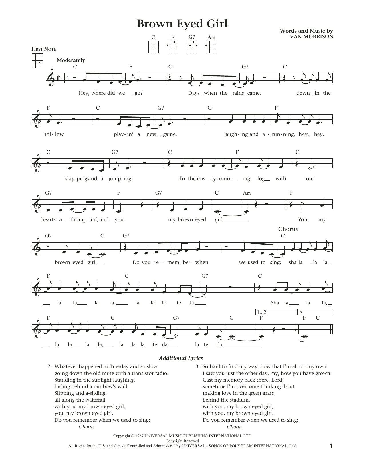 Download Van Morrison Brown Eyed Girl Sheet Music and learn how to play Ukulele PDF digital score in minutes