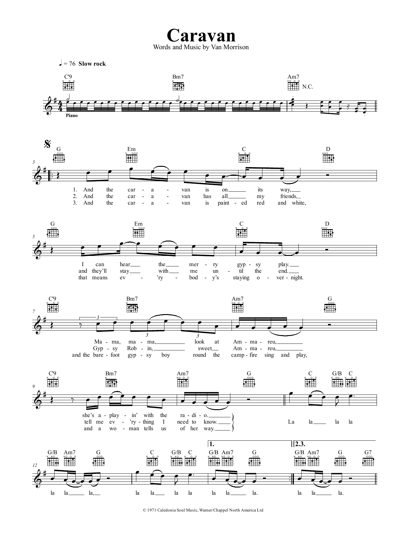 Download Van Morrison Caravan Sheet Music and learn how to play Lead Sheet / Fake Book PDF digital score in minutes