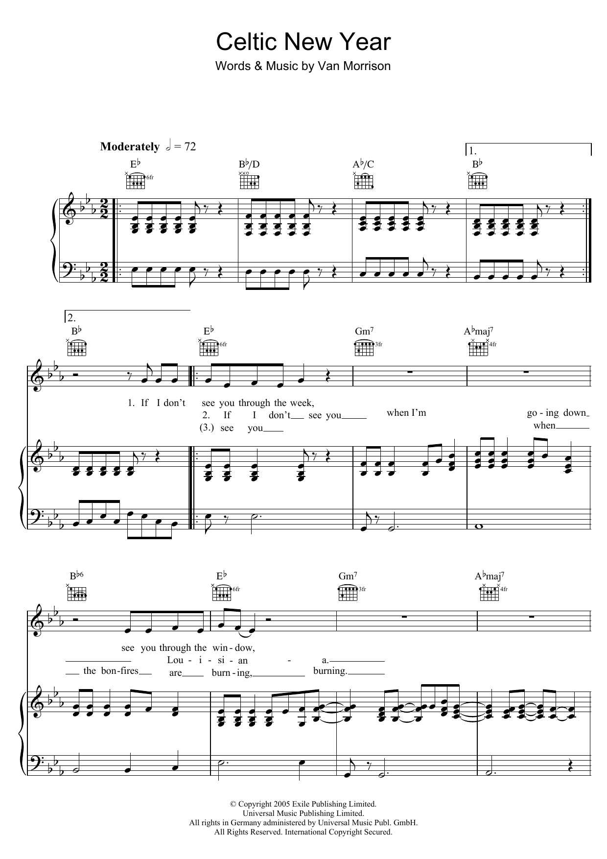 Download Van Morrison Celtic New Year Sheet Music and learn how to play Piano, Vocal & Guitar PDF digital score in minutes