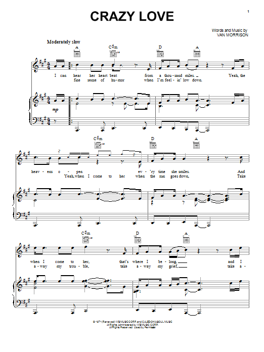 Download Van Morrison Crazy Love Sheet Music and learn how to play Piano, Vocal & Guitar (Right-Hand Melody) PDF digital score in minutes