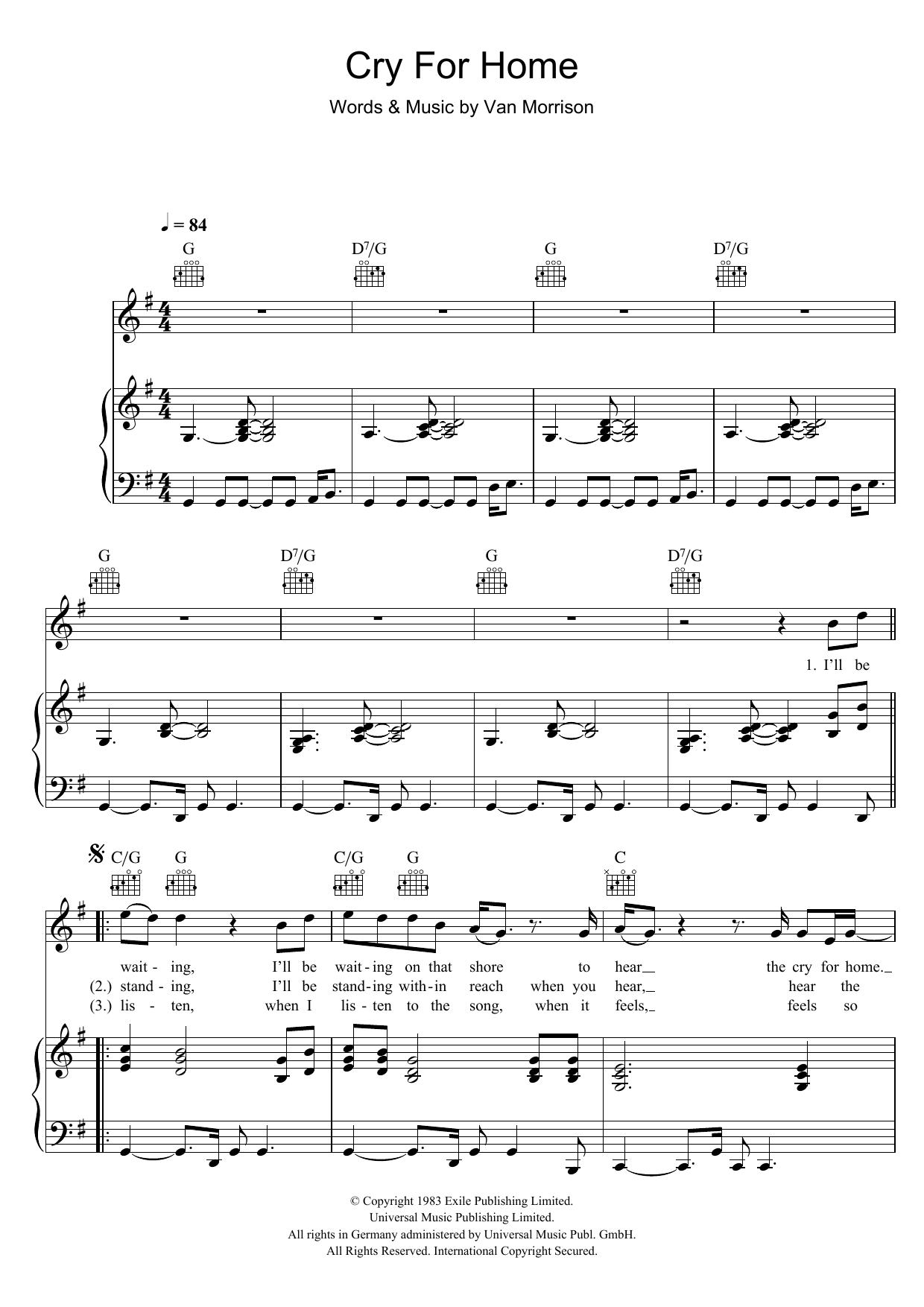 Download Van Morrison Cry For Home Sheet Music and learn how to play Piano, Vocal & Guitar PDF digital score in minutes