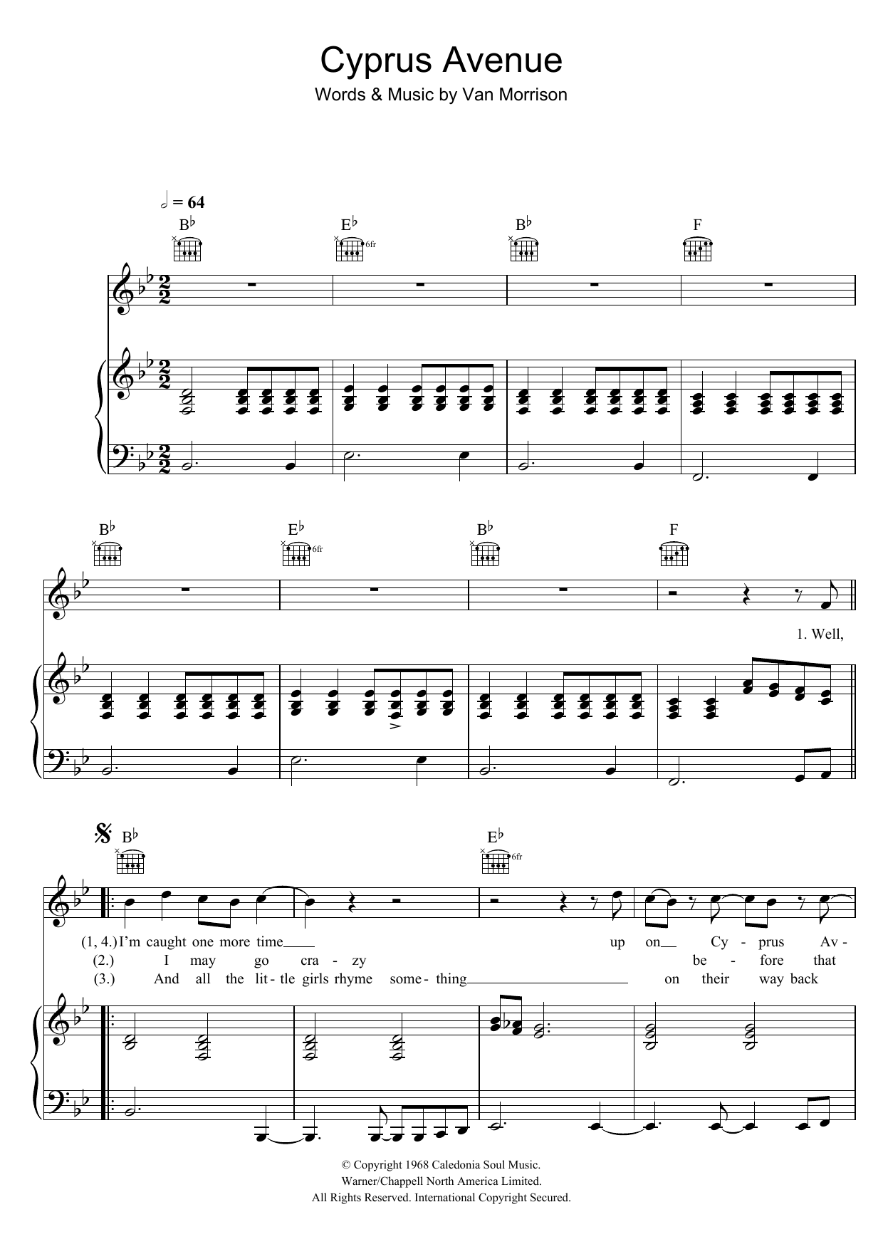 Download Van Morrison Cyprus Avenue Sheet Music and learn how to play Piano, Vocal & Guitar PDF digital score in minutes