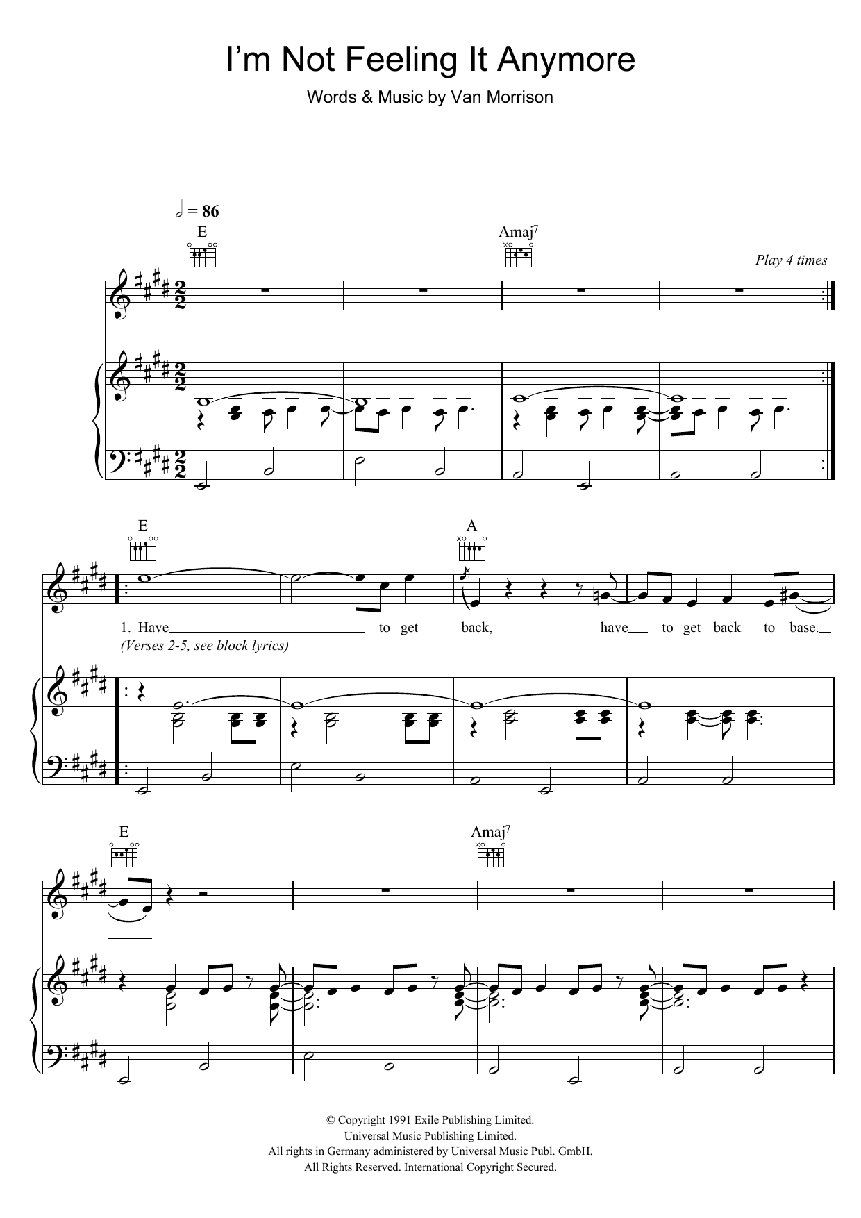 Download Van Morrison I'm Not Feeling It Anymore Sheet Music and learn how to play Piano, Vocal & Guitar PDF digital score in minutes