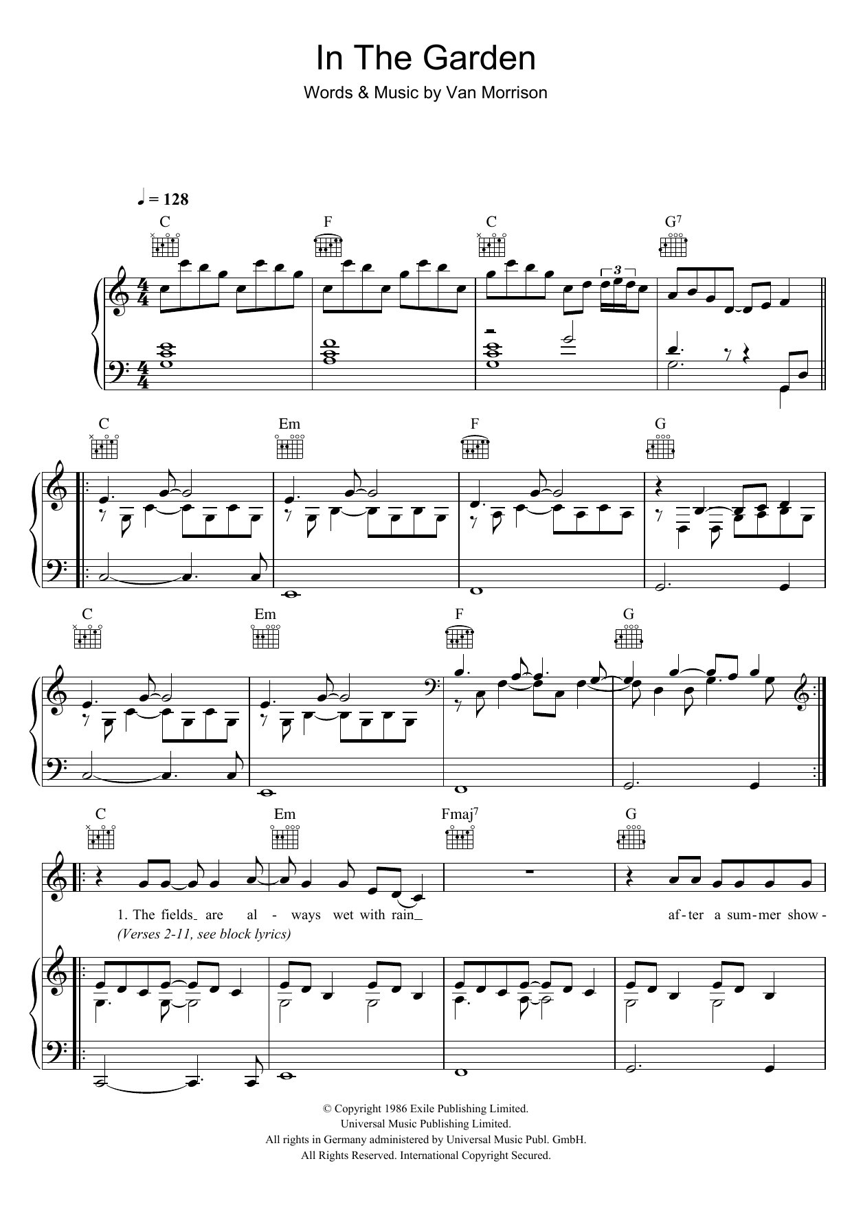 Download Van Morrison In The Garden Sheet Music and learn how to play Piano, Vocal & Guitar PDF digital score in minutes