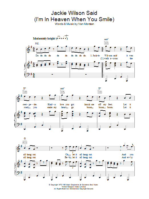 Download Van Morrison Jackie Wilson Said (I'm In Heaven When You Smile) Sheet Music and learn how to play Piano, Vocal & Guitar (Right-Hand Melody) PDF digital score in minutes