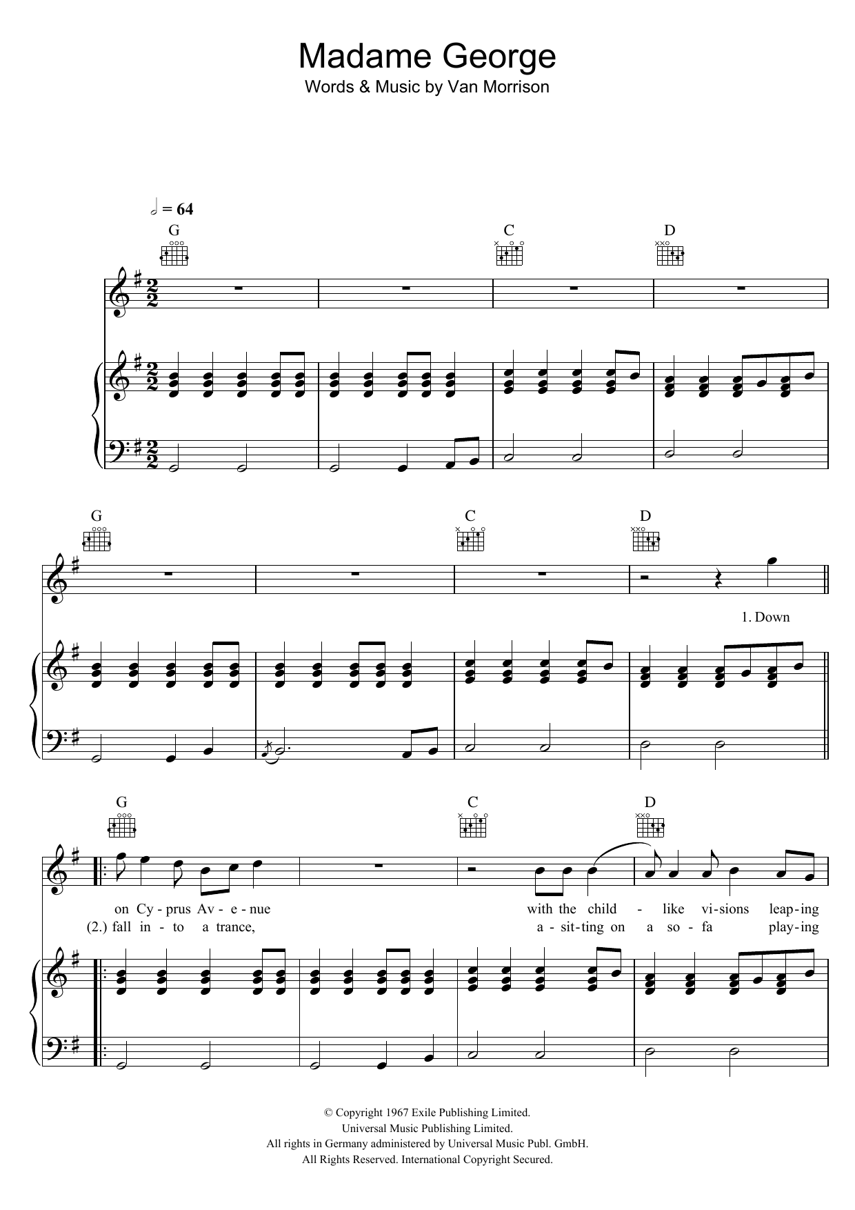 Download Van Morrison Madame George Sheet Music and learn how to play Piano, Vocal & Guitar PDF digital score in minutes
