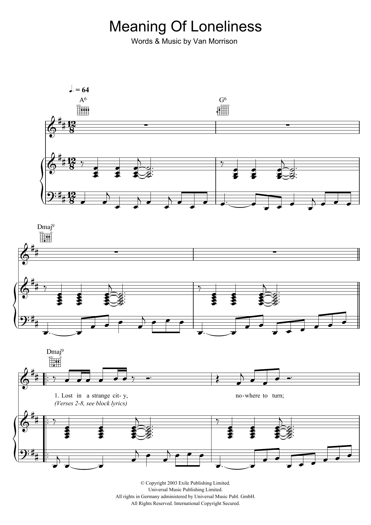 Download Van Morrison Meaning Of Loneliness Sheet Music and learn how to play Piano, Vocal & Guitar PDF digital score in minutes