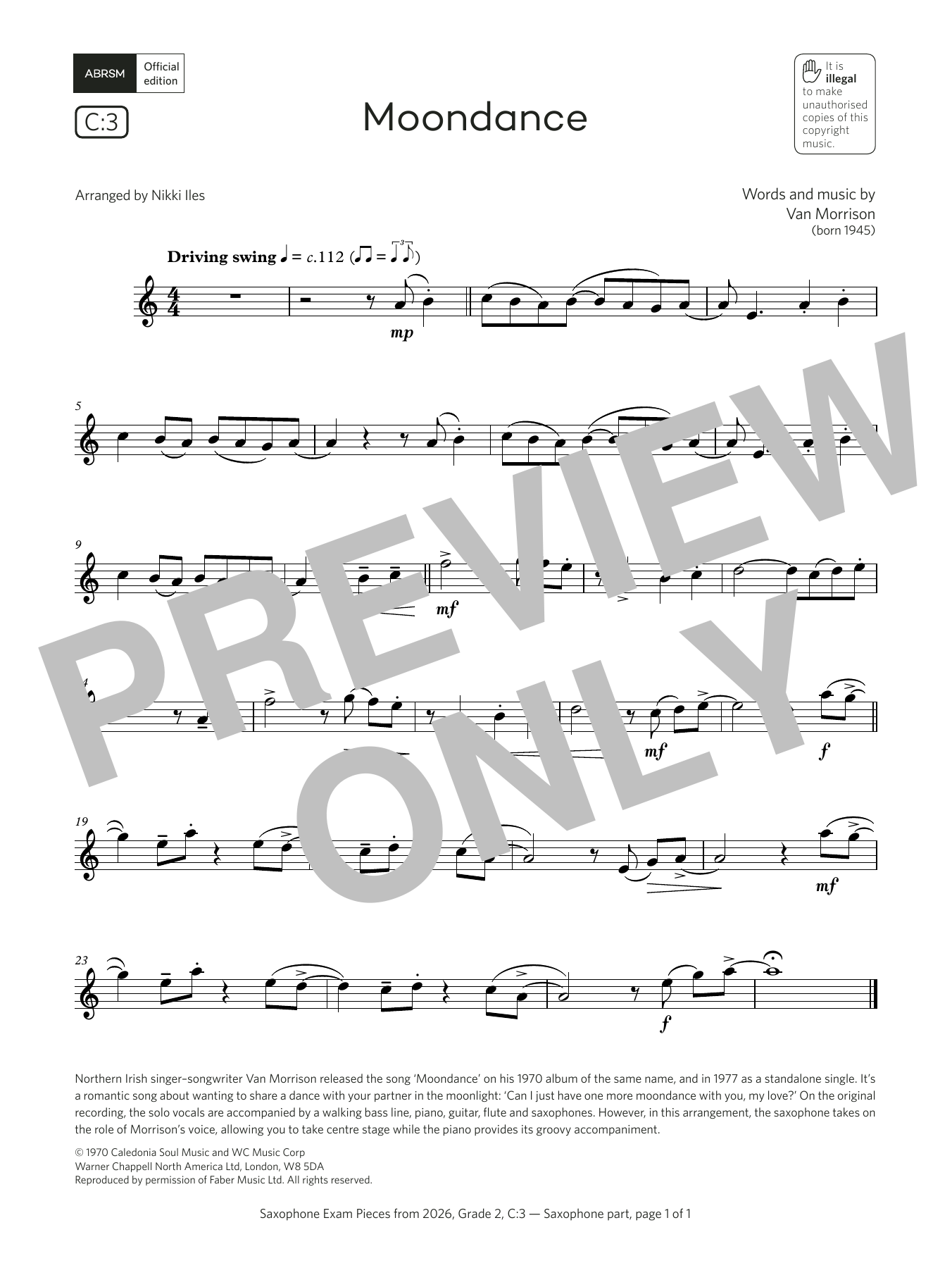 Download Van Morrison Moondance (Grade 2, list C3, from the ABRSM Saxophone Syllabus from 2026) Sheet Music and learn how to play Alto Sax Solo PDF digital score in minutes