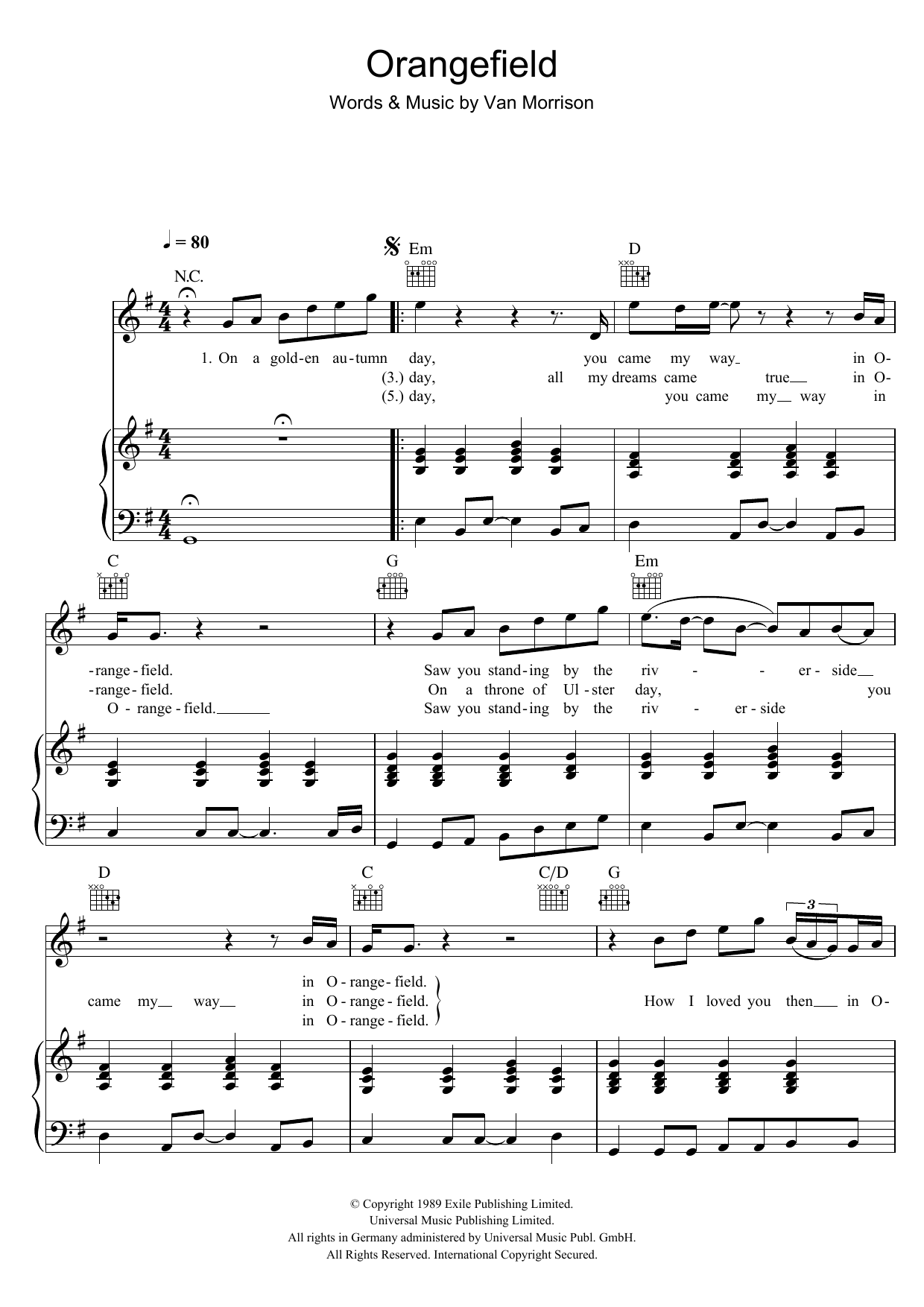 Download Van Morrison Orangefield Sheet Music and learn how to play Piano, Vocal & Guitar PDF digital score in minutes