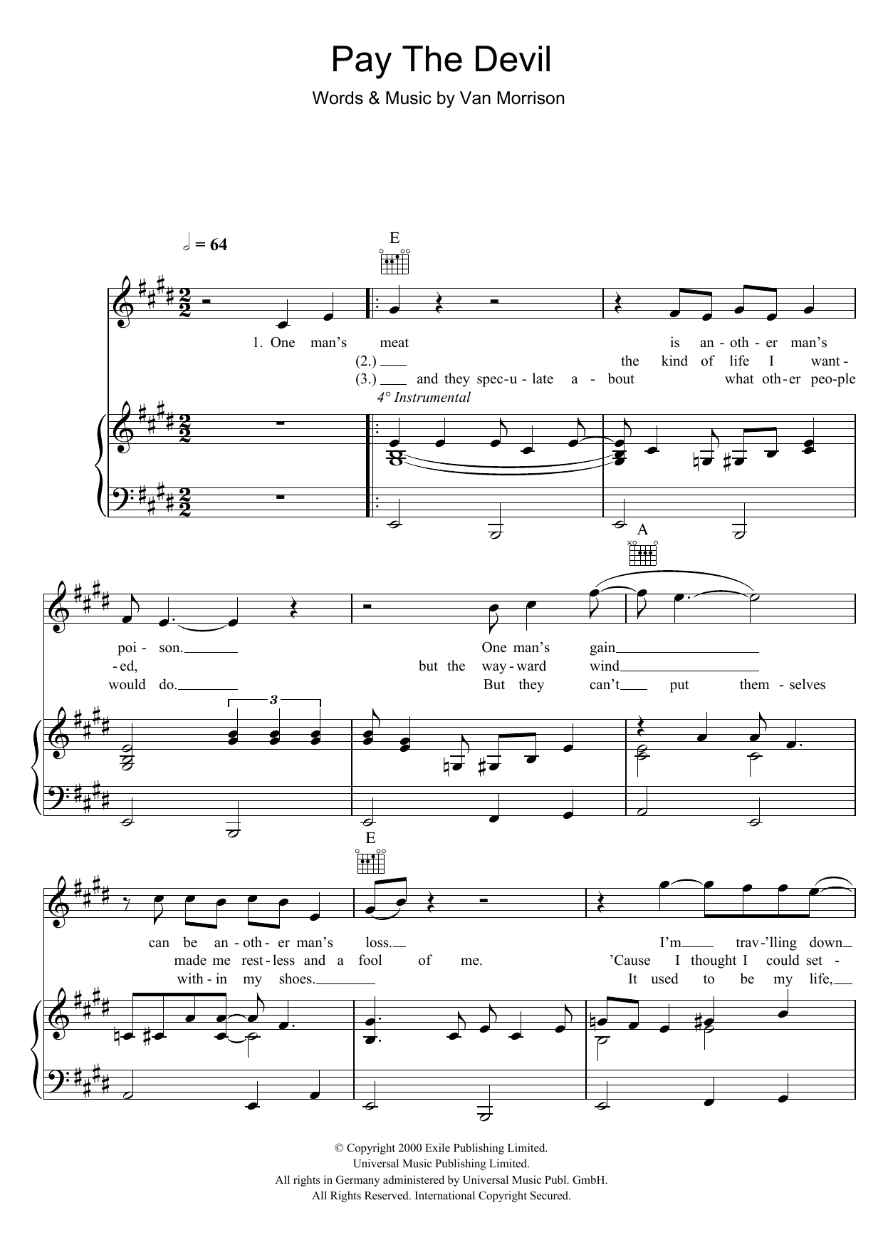 Download Van Morrison Pay The Devil Sheet Music and learn how to play Piano, Vocal & Guitar PDF digital score in minutes