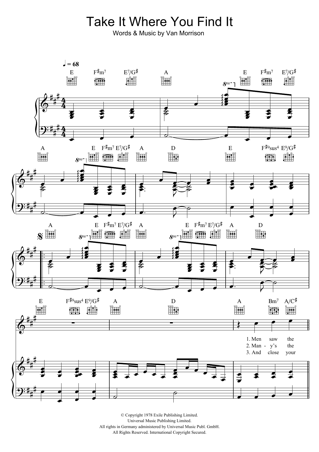 Download Van Morrison Take It Where You Find It Sheet Music and learn how to play Piano, Vocal & Guitar PDF digital score in minutes
