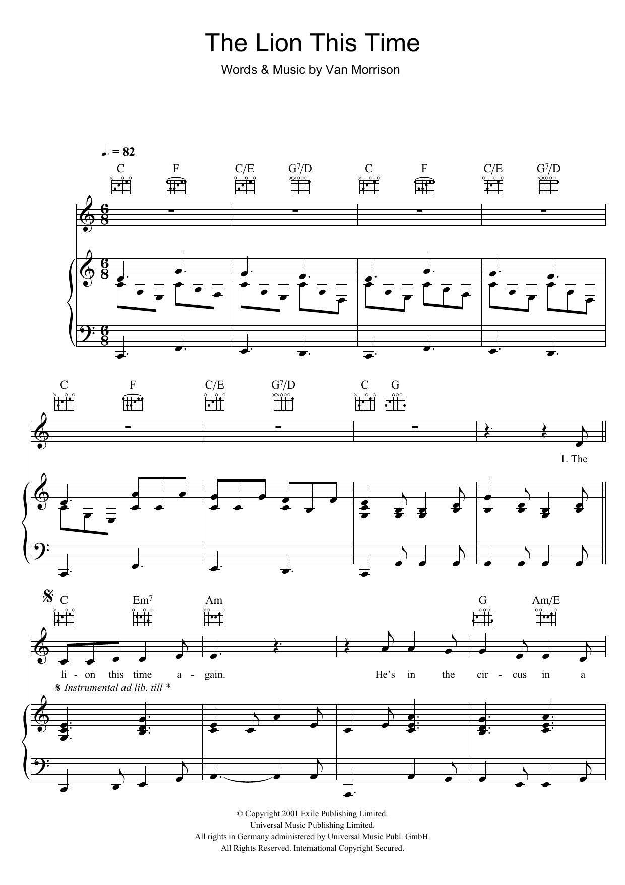 Download Van Morrison The Lion This Time Sheet Music and learn how to play Piano, Vocal & Guitar PDF digital score in minutes