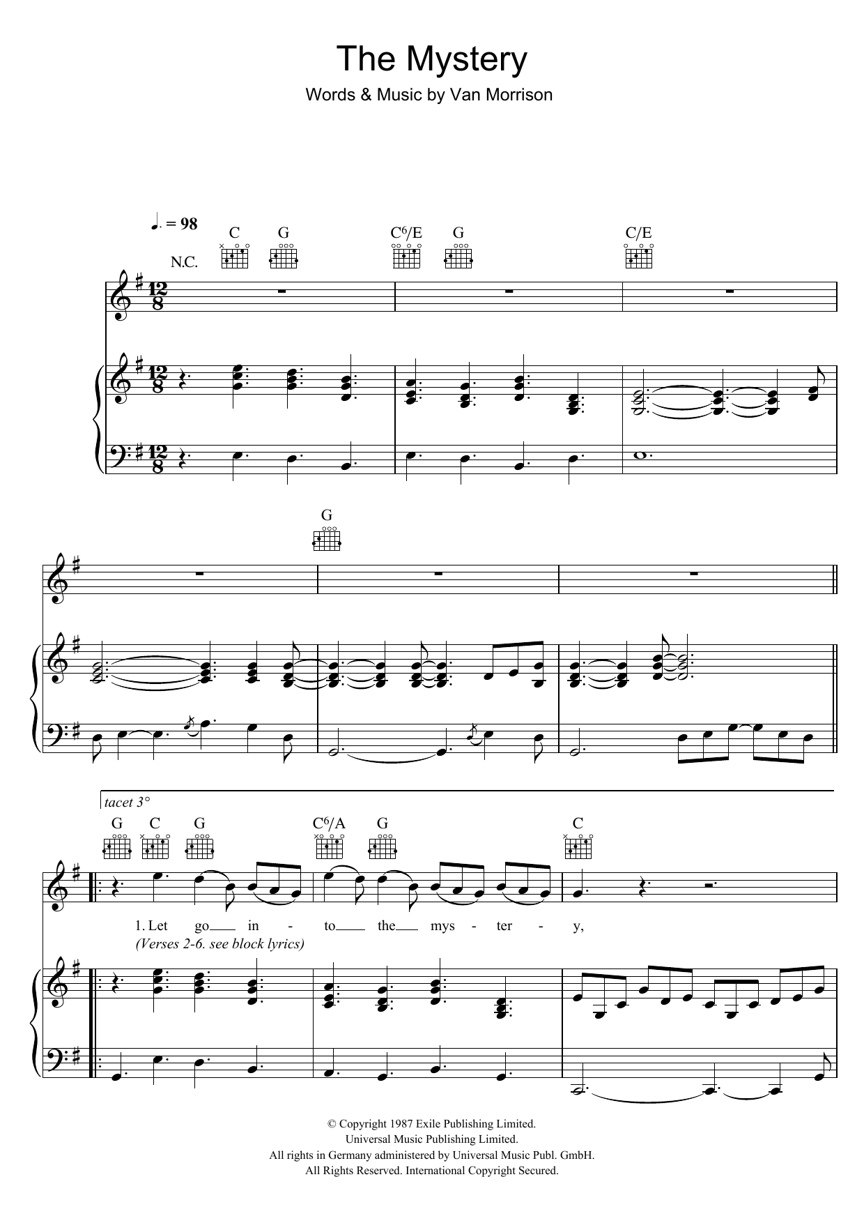 Download Van Morrison The Mystery Sheet Music and learn how to play Piano, Vocal & Guitar PDF digital score in minutes