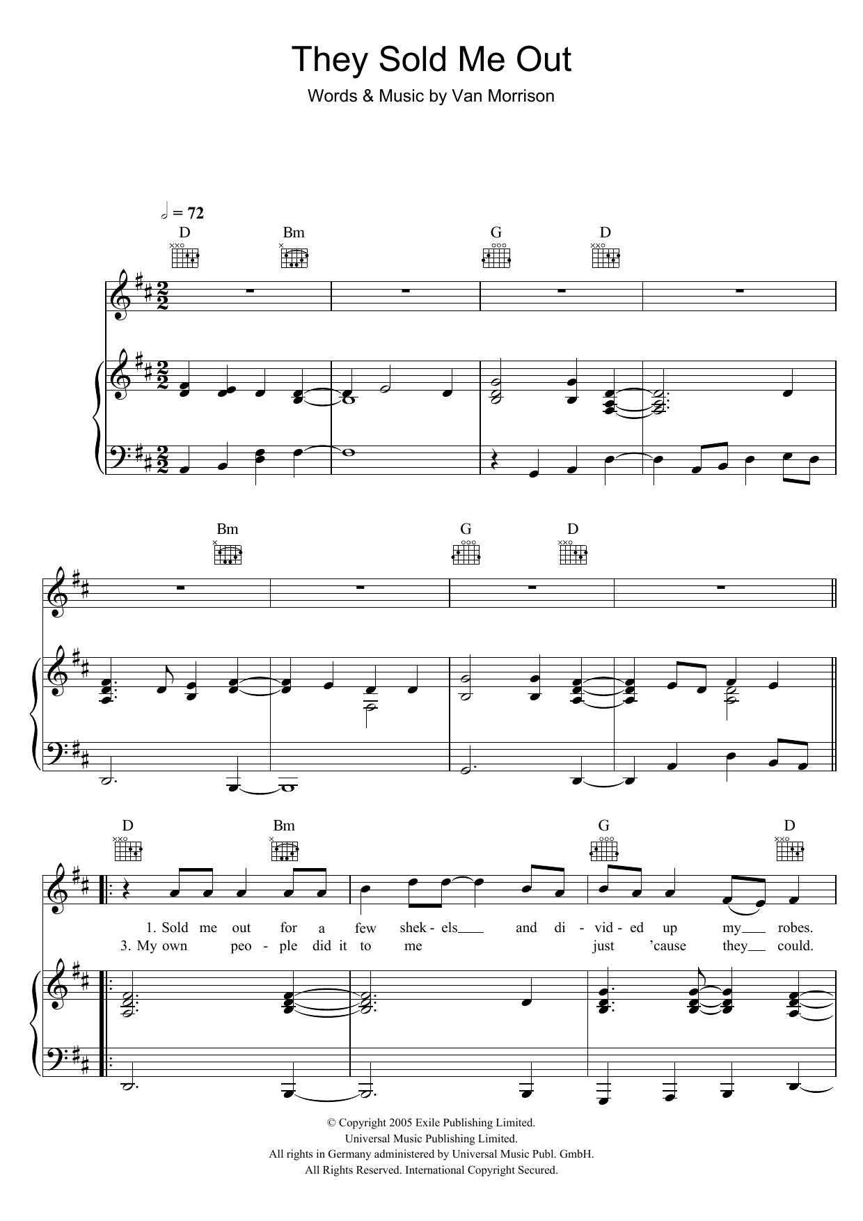 Download Van Morrison They Sold Me Out Sheet Music and learn how to play Piano, Vocal & Guitar PDF digital score in minutes