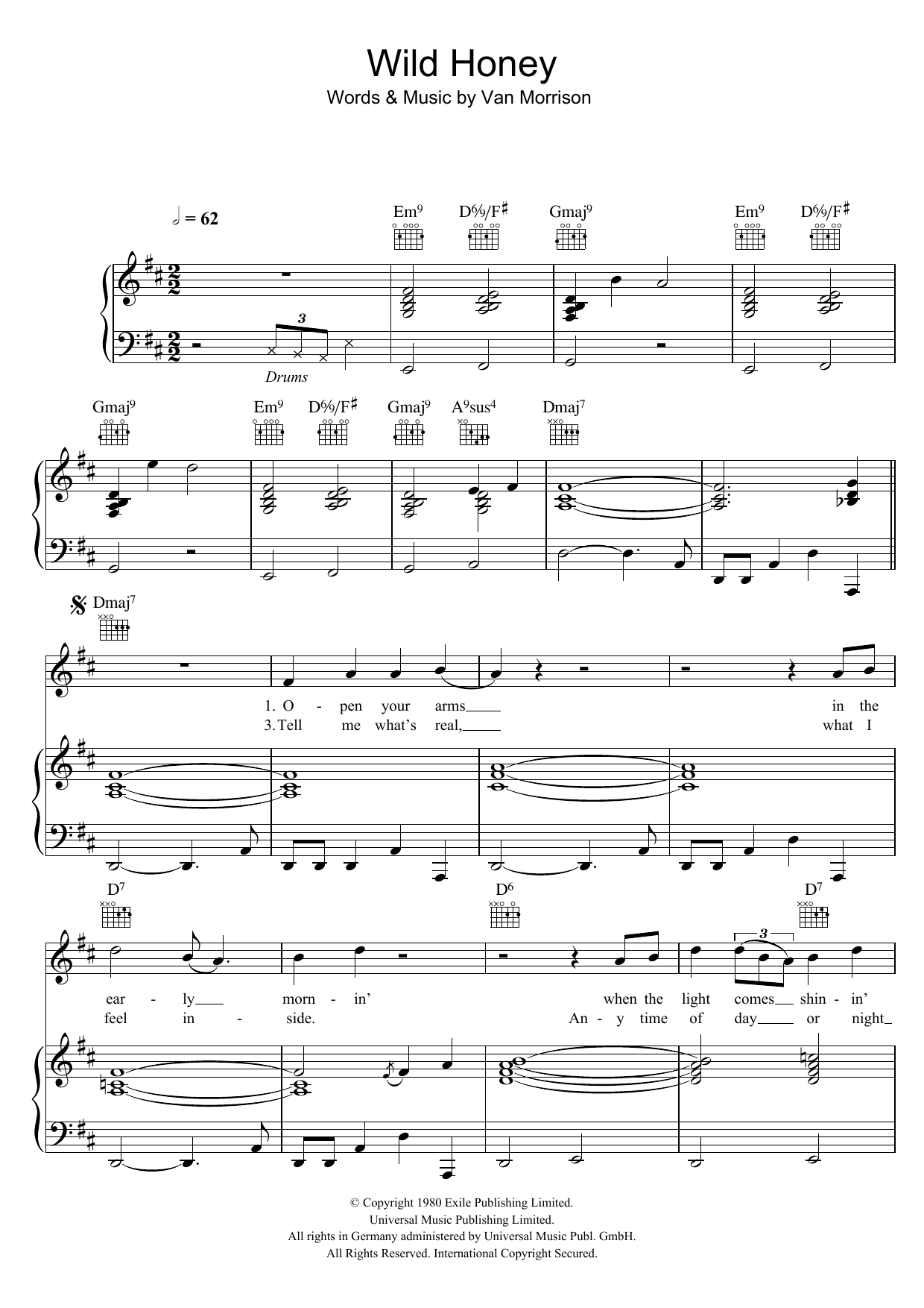 Download Van Morrison Wild Honey Sheet Music and learn how to play Piano, Vocal & Guitar PDF digital score in minutes