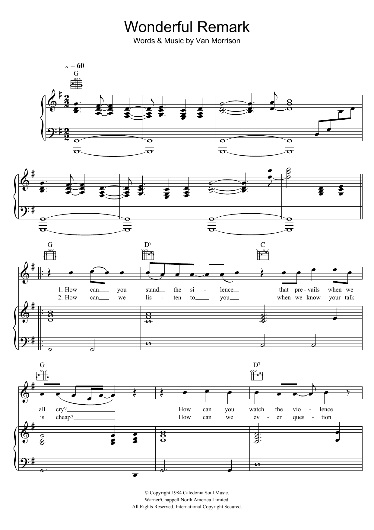 Download Van Morrison Wonderful Remark Sheet Music and learn how to play Piano, Vocal & Guitar PDF digital score in minutes