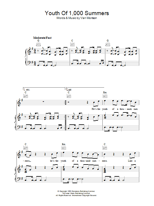 Download Van Morrison Youth Of 1000 Summers Sheet Music and learn how to play Piano, Vocal & Guitar (Right-Hand Melody) PDF digital score in minutes