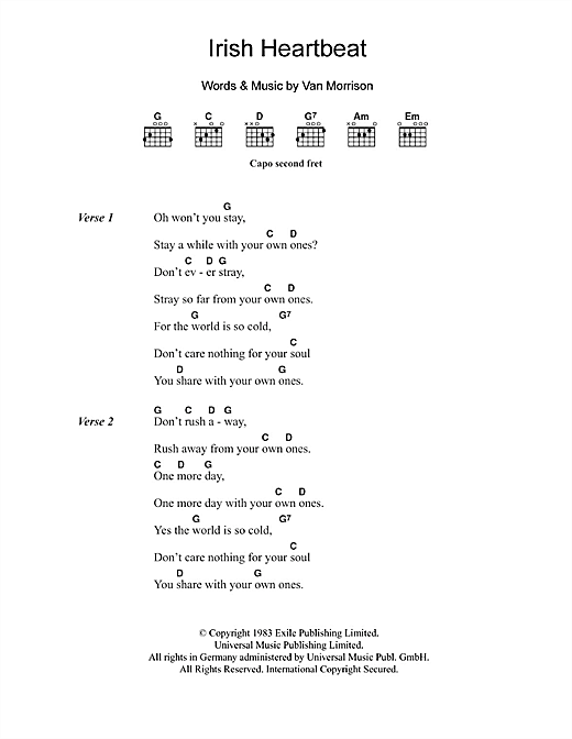 Download Van Morrison Irish Heartbeat Sheet Music and learn how to play Lyrics & Chords PDF digital score in minutes