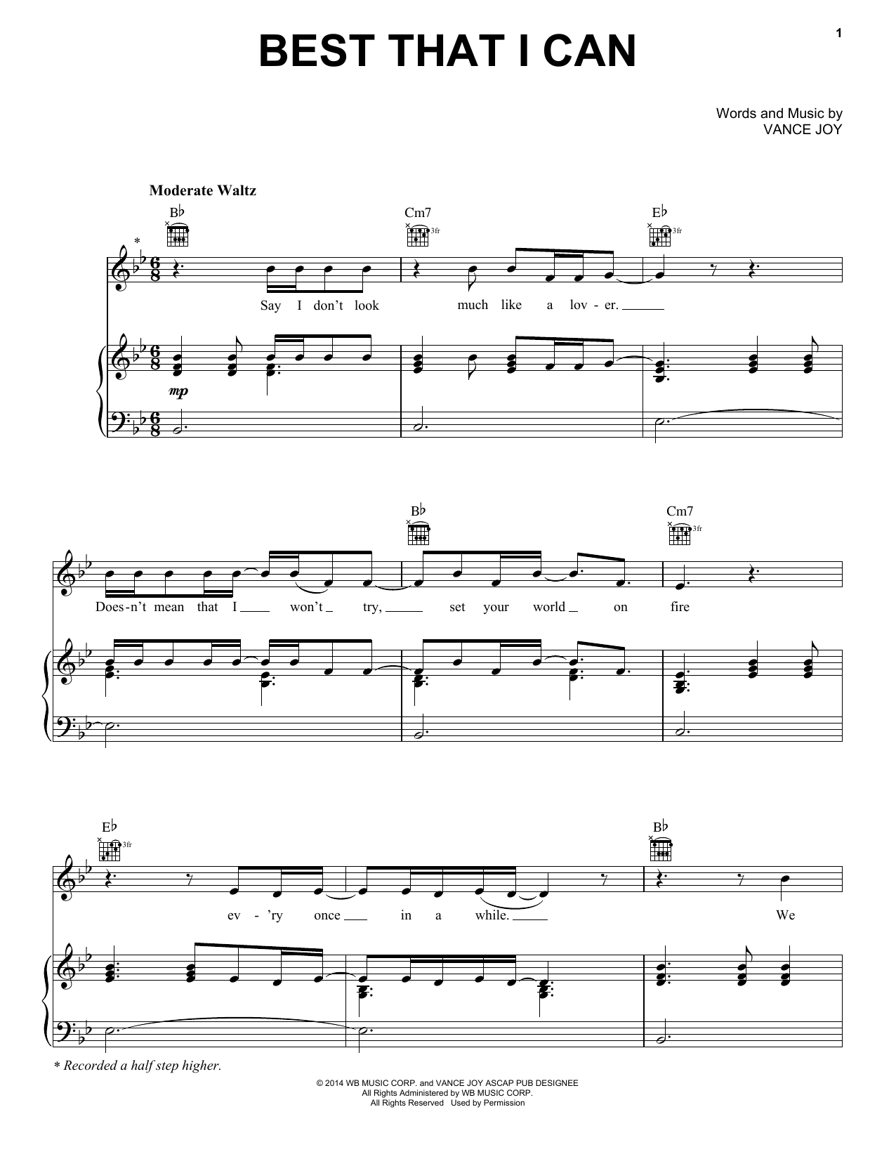 Download Vance Joy Best That I Can Sheet Music and learn how to play Piano, Vocal & Guitar (Right-Hand Melody) PDF digital score in minutes