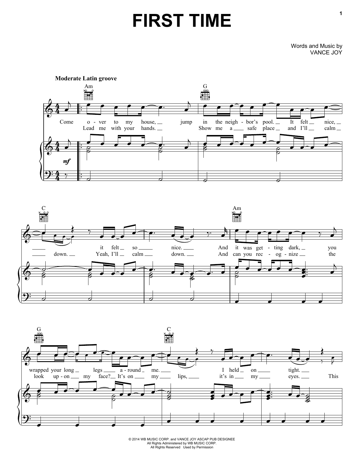 Download Vance Joy First Time Sheet Music and learn how to play Piano, Vocal & Guitar (Right-Hand Melody) PDF digital score in minutes