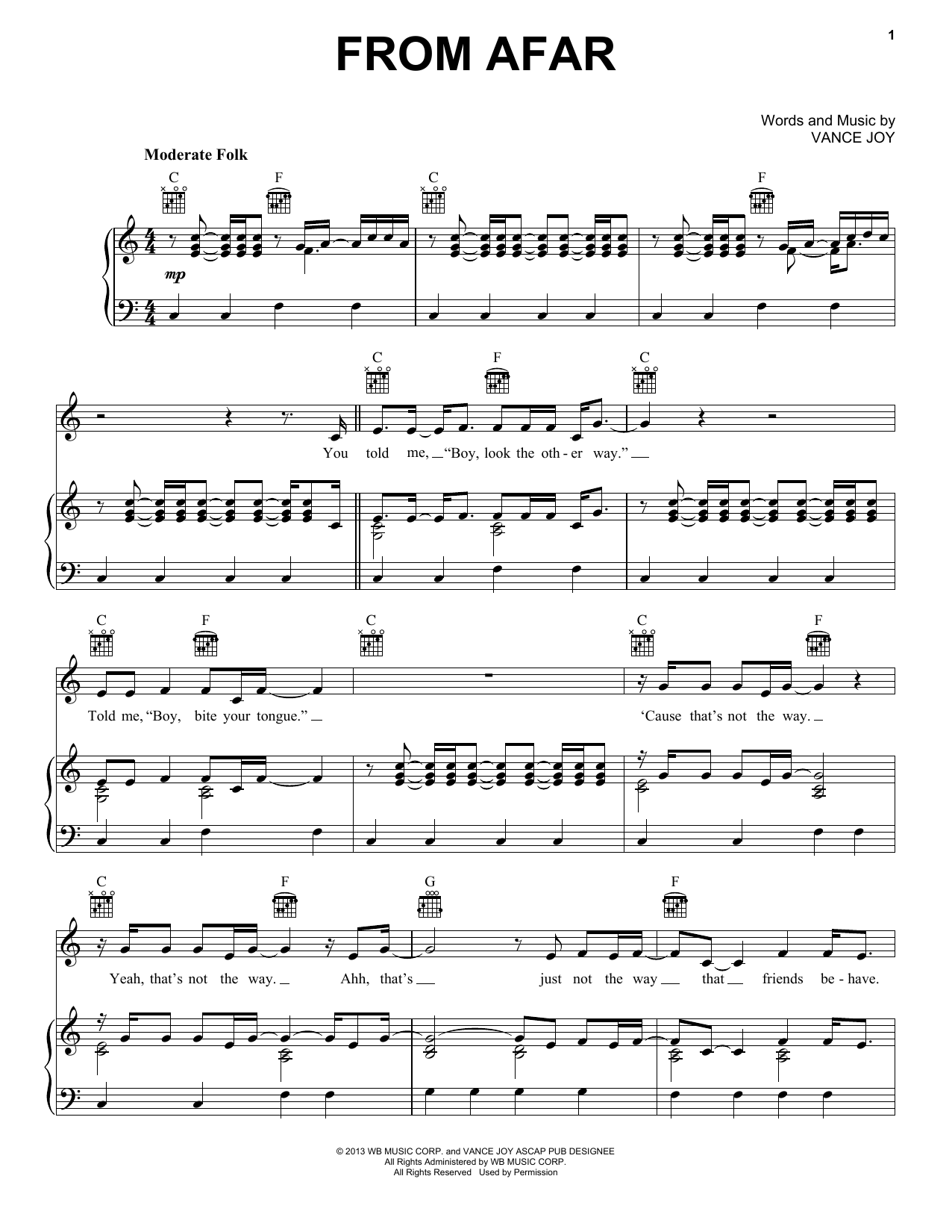 Download Vance Joy From Afar Sheet Music and learn how to play Piano, Vocal & Guitar (Right-Hand Melody) PDF digital score in minutes