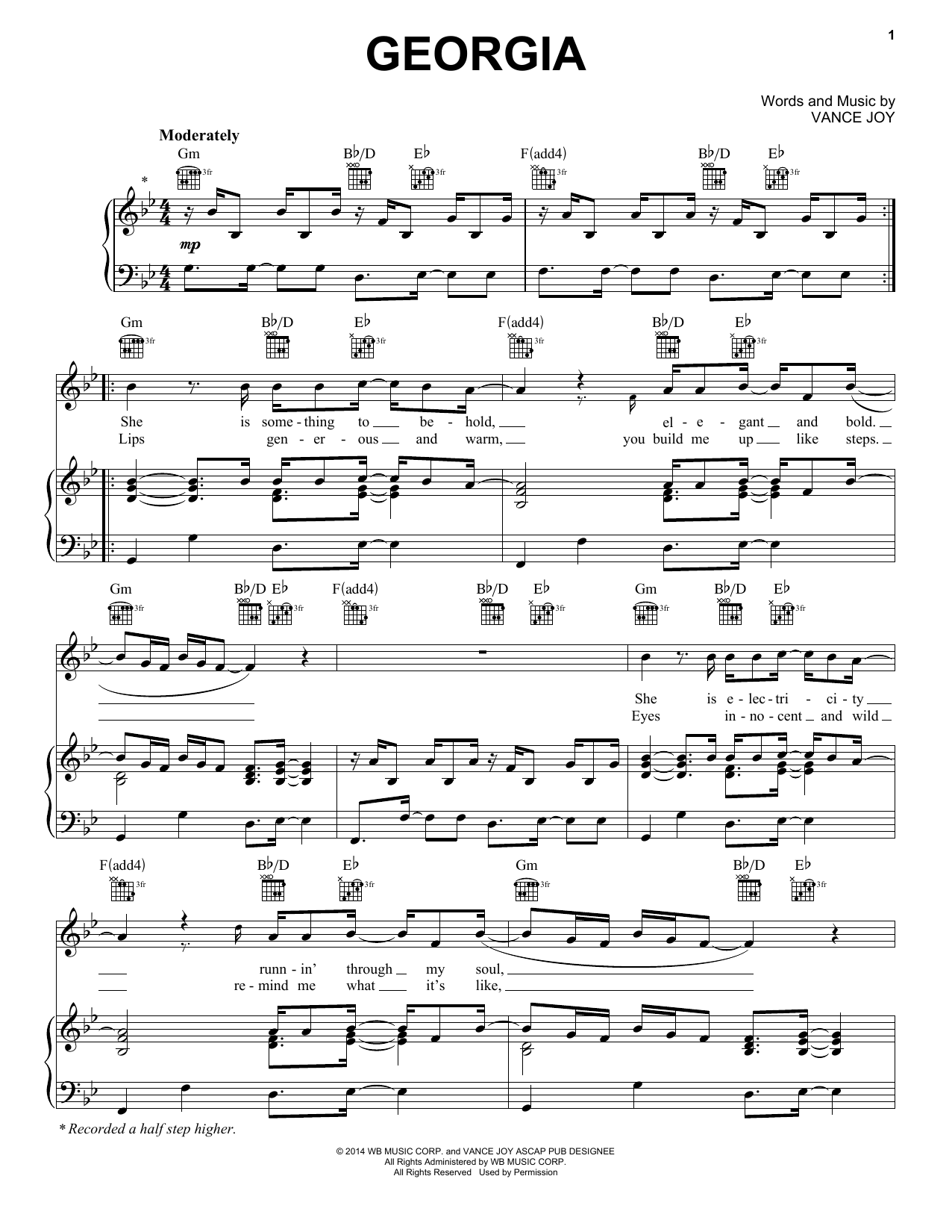 Download Vance Joy Georgia Sheet Music and learn how to play Piano, Vocal & Guitar (Right-Hand Melody) PDF digital score in minutes