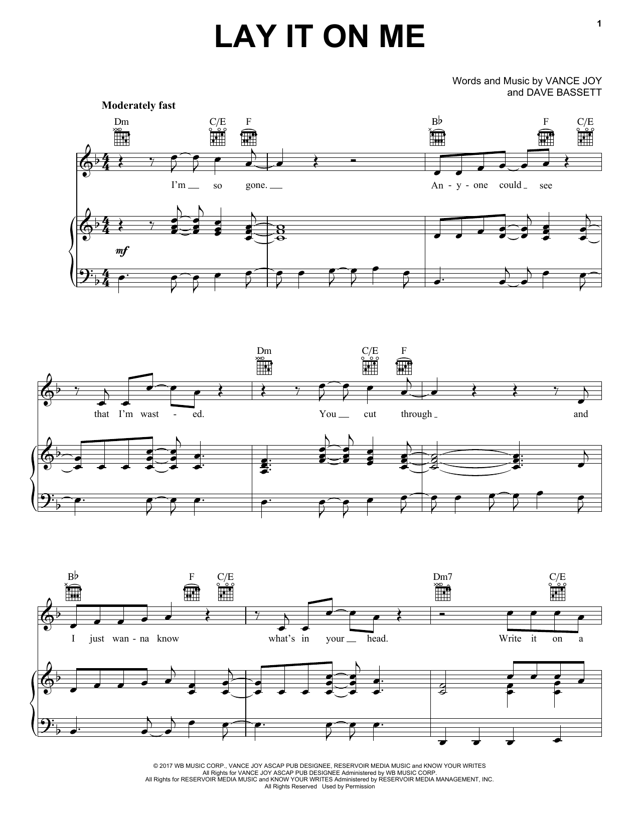Download Vance Joy Lay It On Me Sheet Music and learn how to play Piano, Vocal & Guitar (Right-Hand Melody) PDF digital score in minutes