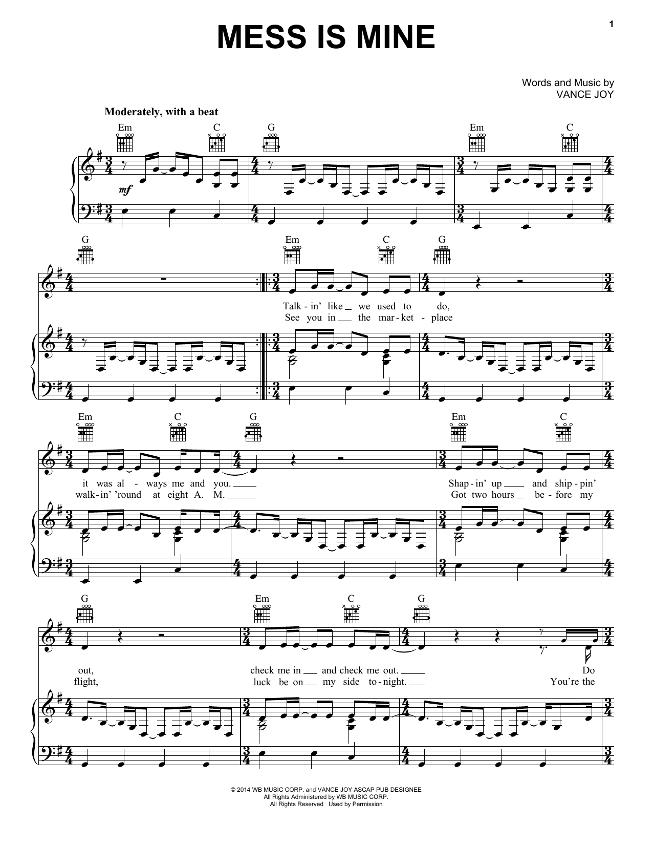 Download Vance Joy Mess Is Mine Sheet Music and learn how to play Piano, Vocal & Guitar (Right-Hand Melody) PDF digital score in minutes