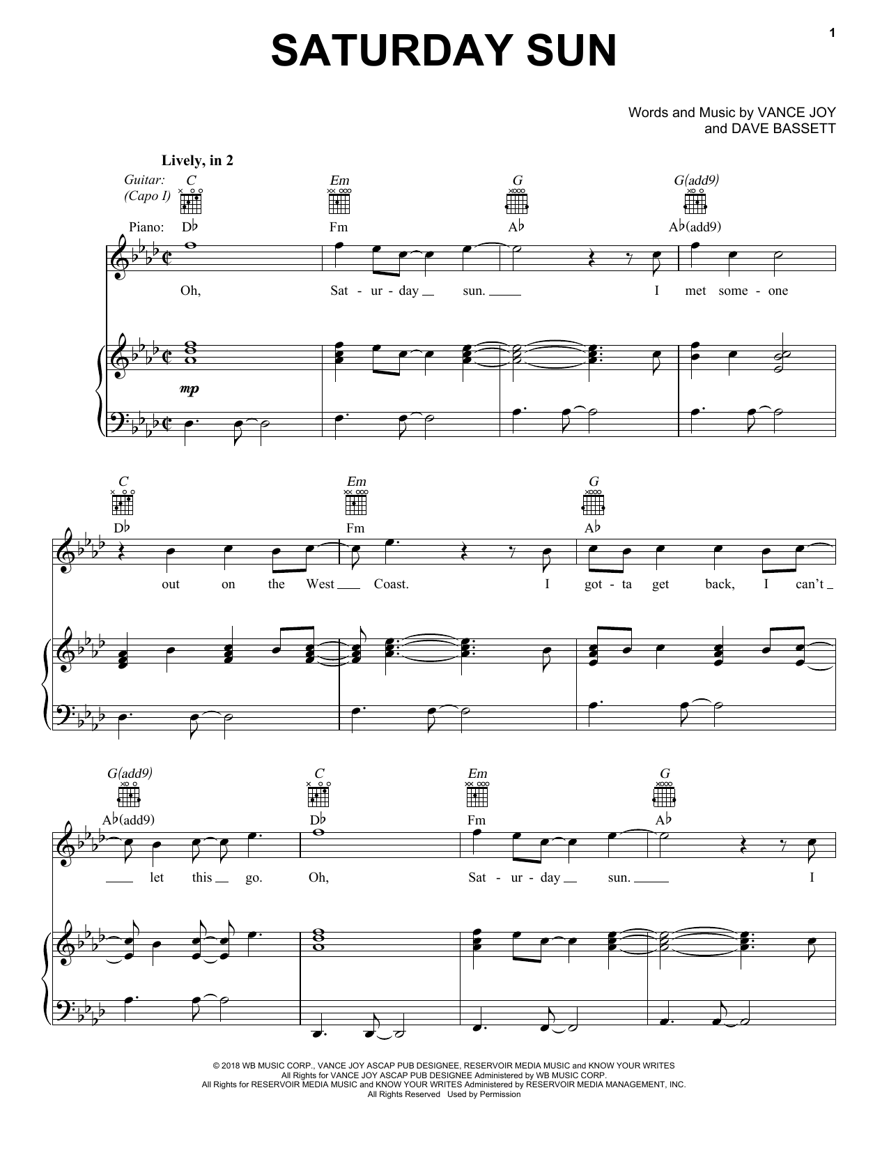 Download Vance Joy Saturday Sun Sheet Music and learn how to play Piano, Vocal & Guitar (Right-Hand Melody) PDF digital score in minutes