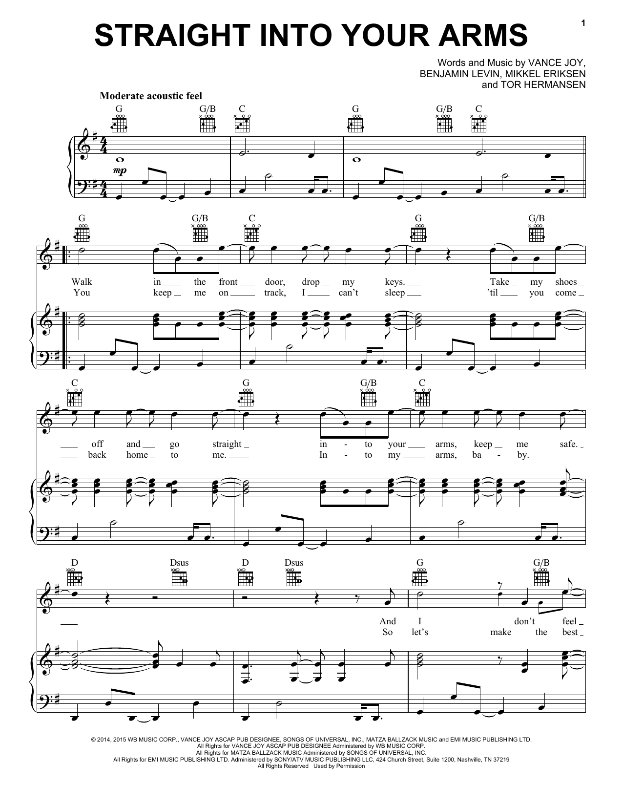 Download Vance Joy Straight Into Your Arms Sheet Music and learn how to play Piano, Vocal & Guitar (Right-Hand Melody) PDF digital score in minutes