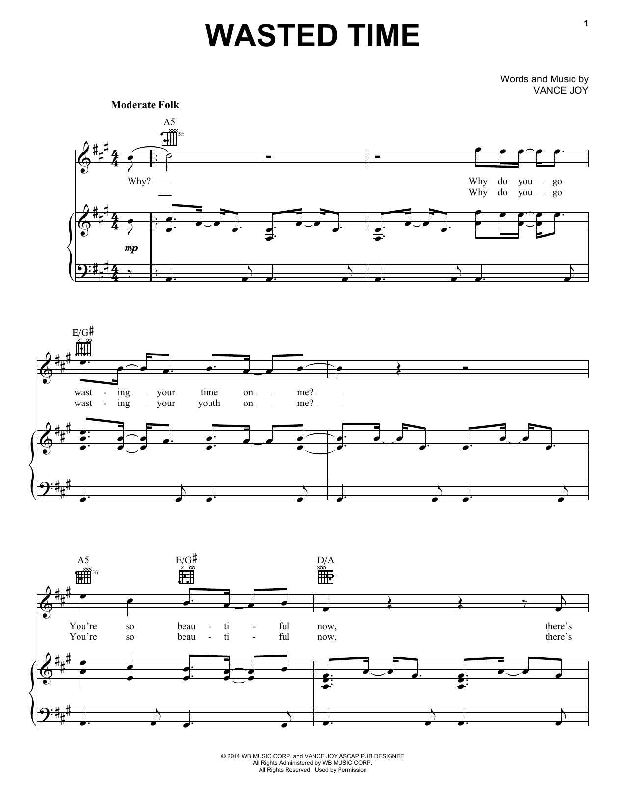 Download Vance Joy Wasted Time Sheet Music and learn how to play Piano, Vocal & Guitar (Right-Hand Melody) PDF digital score in minutes