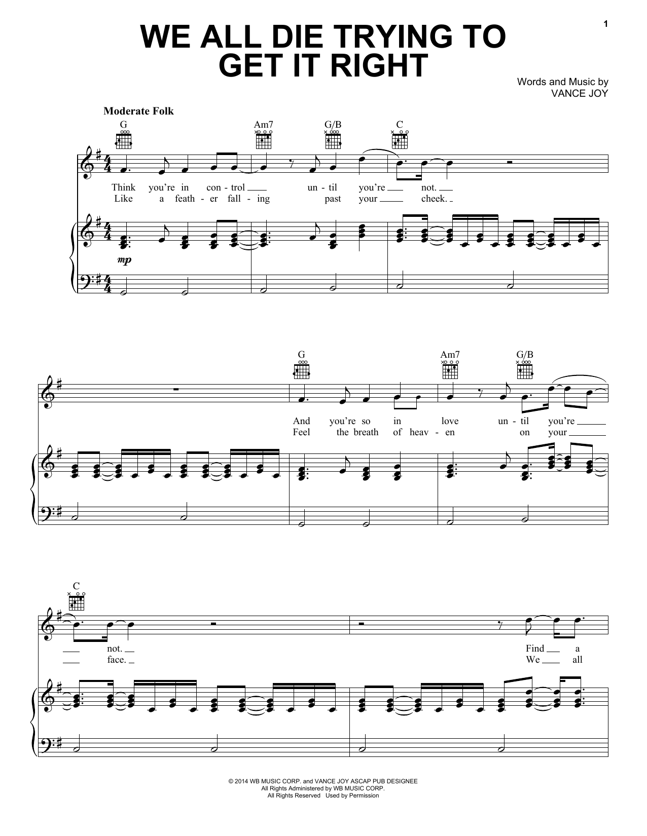 Download Vance Joy We All Die Trying To Get It Right Sheet Music and learn how to play Piano, Vocal & Guitar (Right-Hand Melody) PDF digital score in minutes