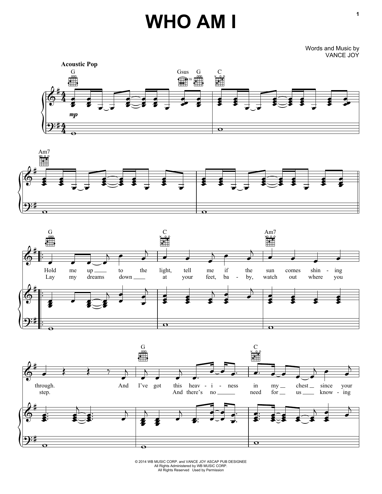 Download Vance Joy Who Am I Sheet Music and learn how to play Piano, Vocal & Guitar (Right-Hand Melody) PDF digital score in minutes