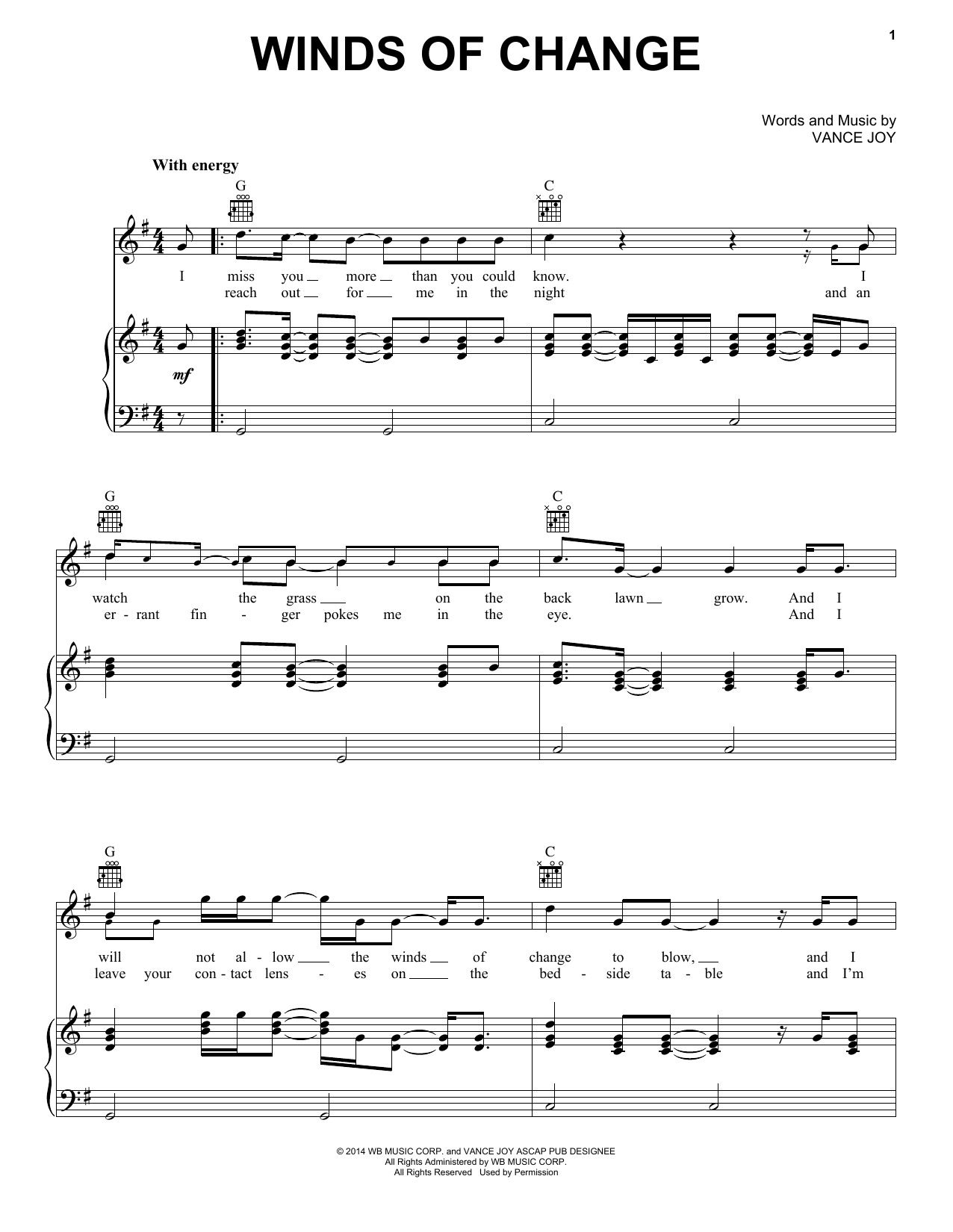 Download Vance Joy Winds Of Change Sheet Music and learn how to play Piano, Vocal & Guitar (Right-Hand Melody) PDF digital score in minutes