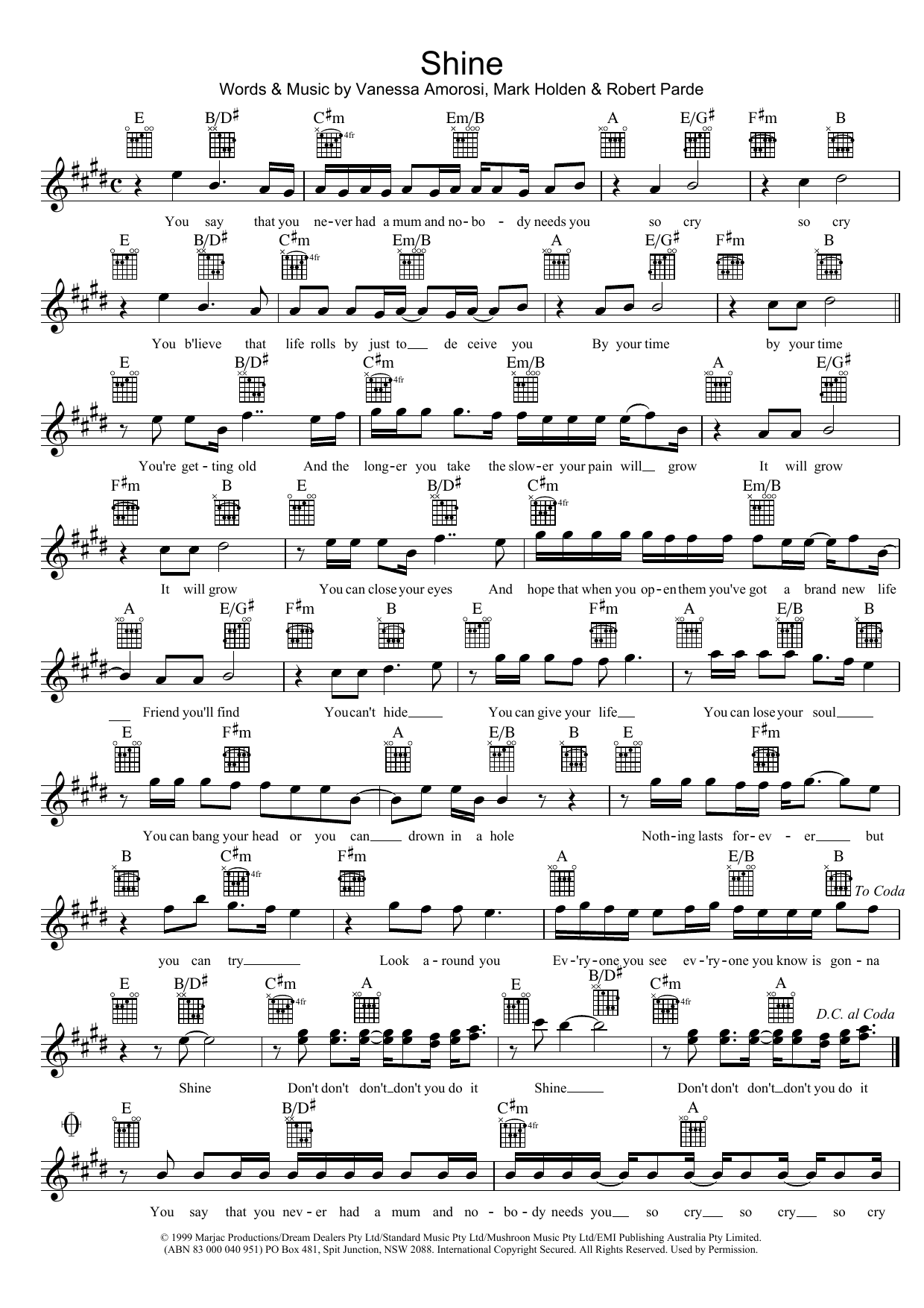 Download Vanessa Amorosi Shine Sheet Music and learn how to play Melody Line, Lyrics & Chords PDF digital score in minutes