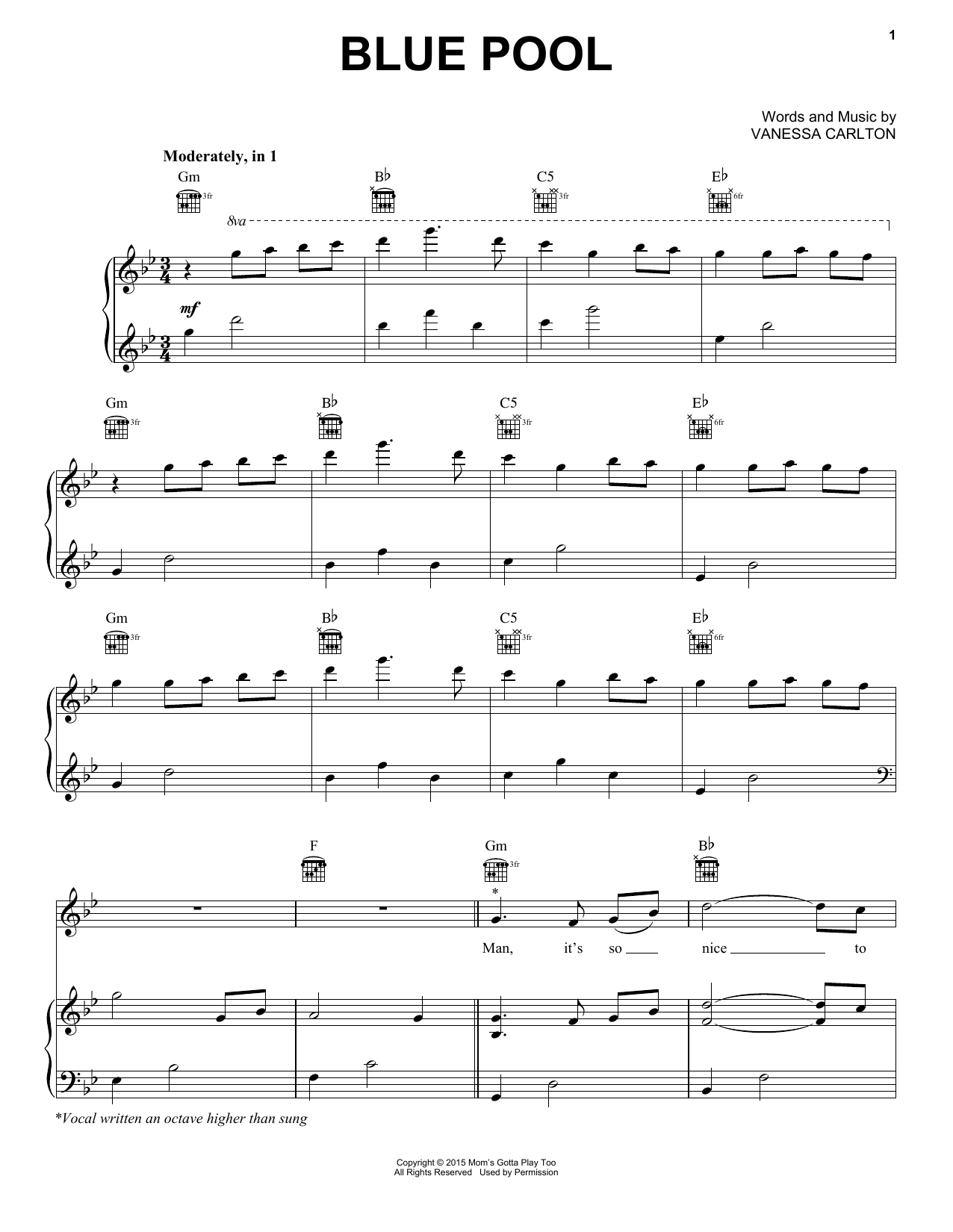 Download Vanessa Carlton Blue Pool Sheet Music and learn how to play Piano, Vocal & Guitar Chords (Right-Hand Melody) PDF digital score in minutes