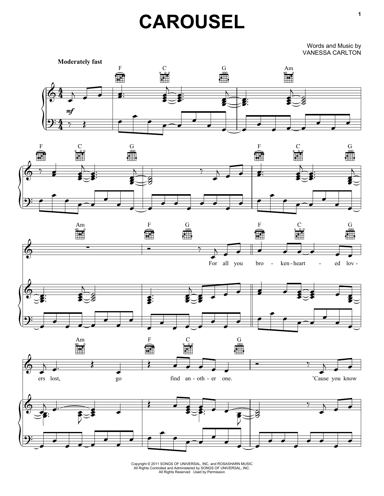 Download Vanessa Carlton Carousel Sheet Music and learn how to play Piano, Vocal & Guitar (Right-Hand Melody) PDF digital score in minutes