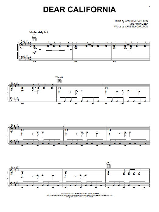 Download Vanessa Carlton Dear California Sheet Music and learn how to play Piano, Vocal & Guitar (Right-Hand Melody) PDF digital score in minutes