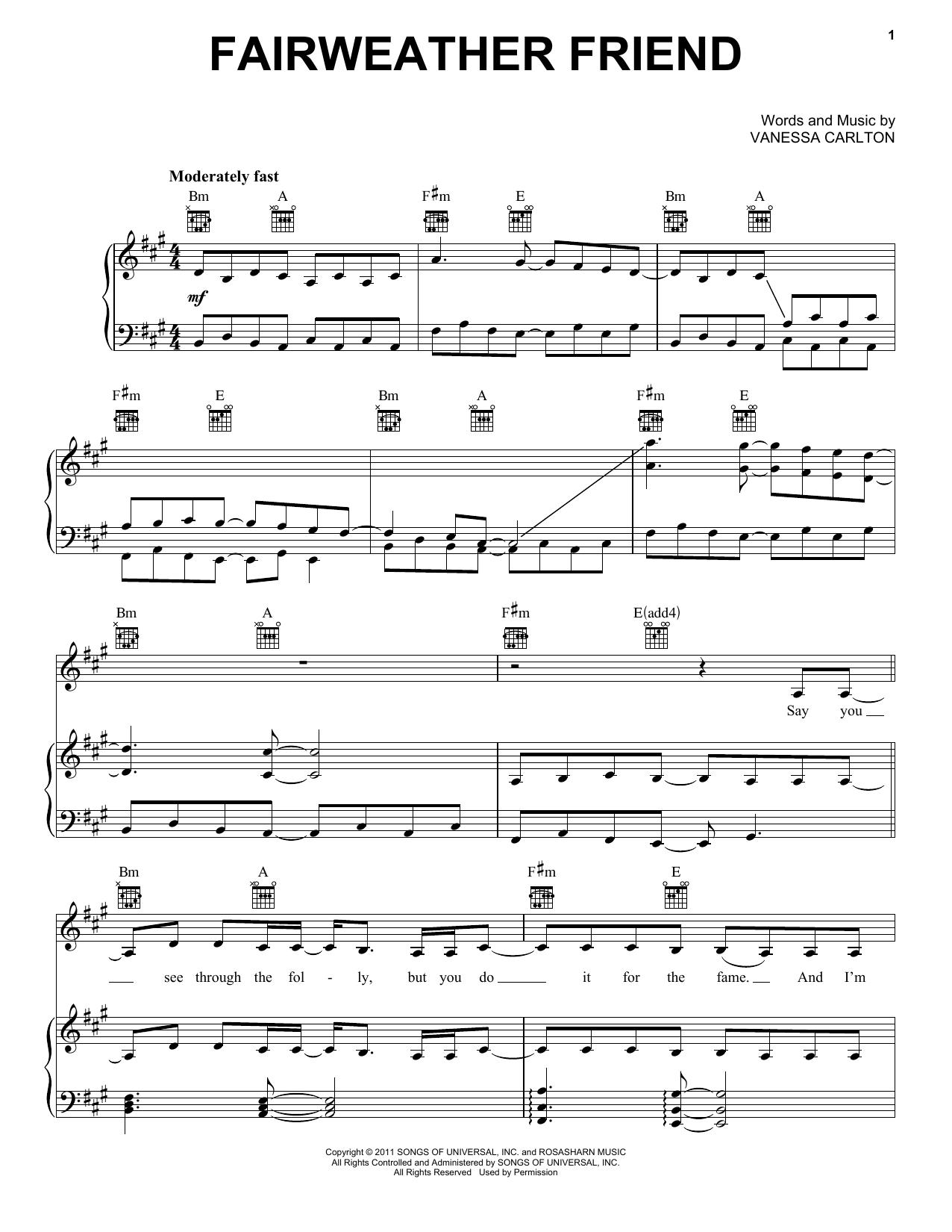 Download Vanessa Carlton Fairweather Friend Sheet Music and learn how to play Piano, Vocal & Guitar (Right-Hand Melody) PDF digital score in minutes