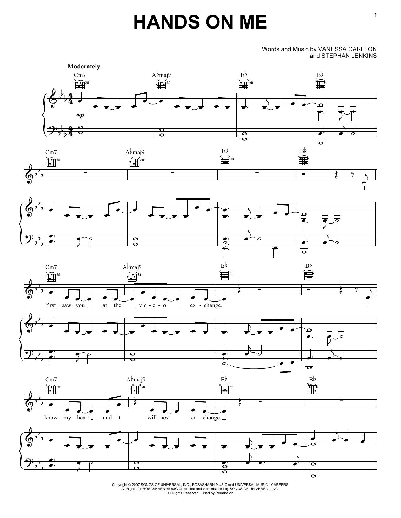 Download Vanessa Carlton Hands On Me Sheet Music and learn how to play Piano, Vocal & Guitar Chords (Right-Hand Melody) PDF digital score in minutes