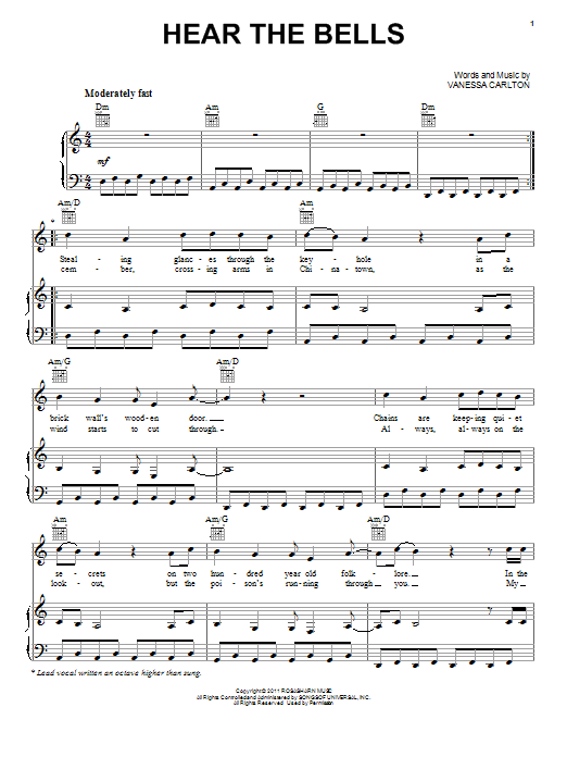 Download Vanessa Carlton Hear The Bells Sheet Music and learn how to play Piano, Vocal & Guitar (Right-Hand Melody) PDF digital score in minutes